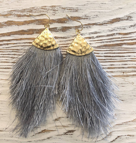 Grey Feathery Gold Hammered Earrings Feathers Angel Bird