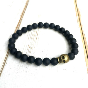 Skull & Black Gemstone Bracelet Goth Beaded