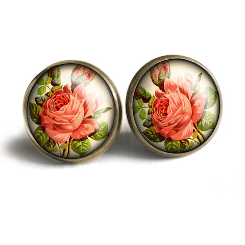 Victorian Tea Rose Stud Earrings - Romantic Floral Valentine