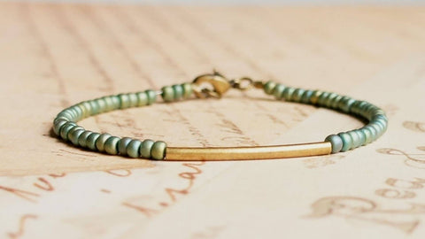 Metallic Green Seed Bead And Bronze Bar Bracelet