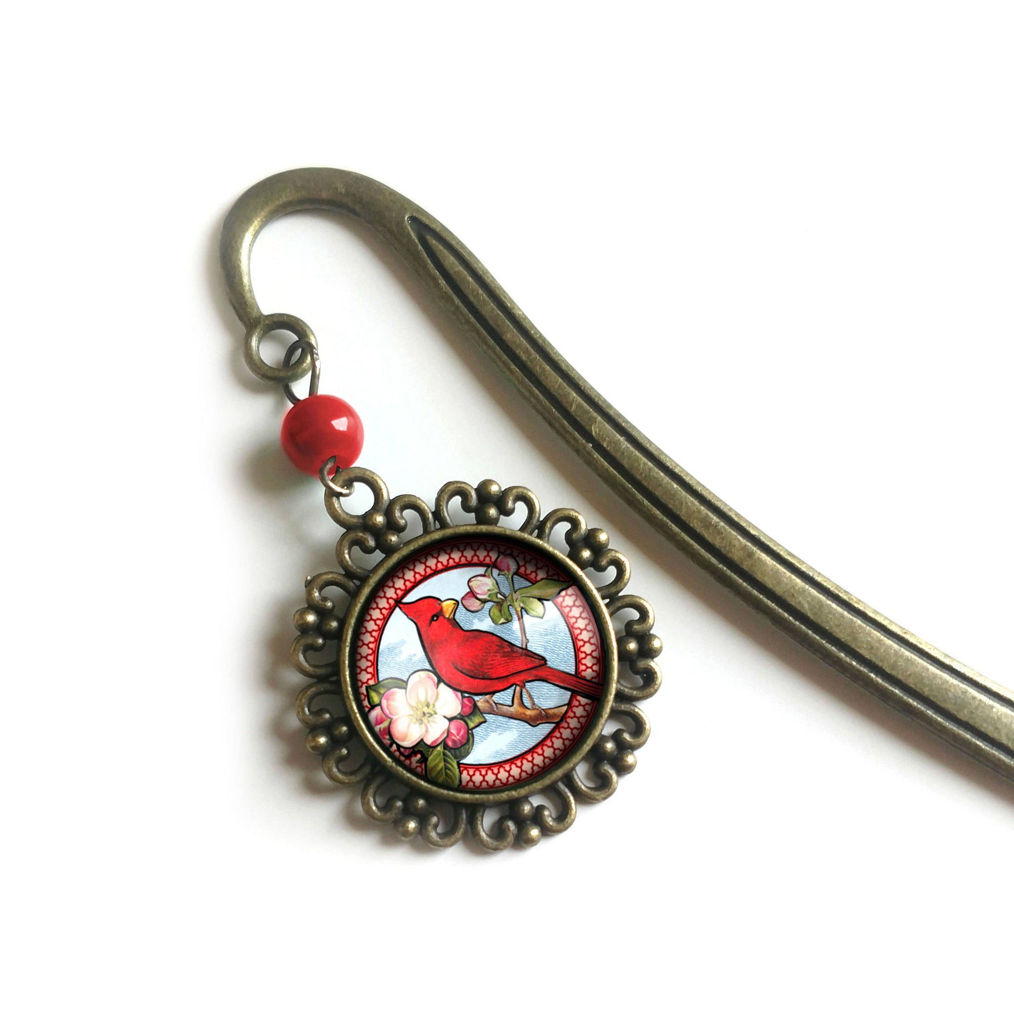 Cardinal Bird Vintage Inspired Glass Cabochon Brass Bookmark