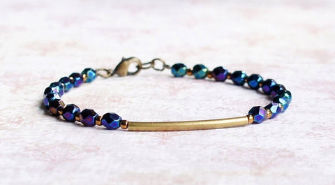 Blue Iris Czech Beads And Bronze Bar Bracelet