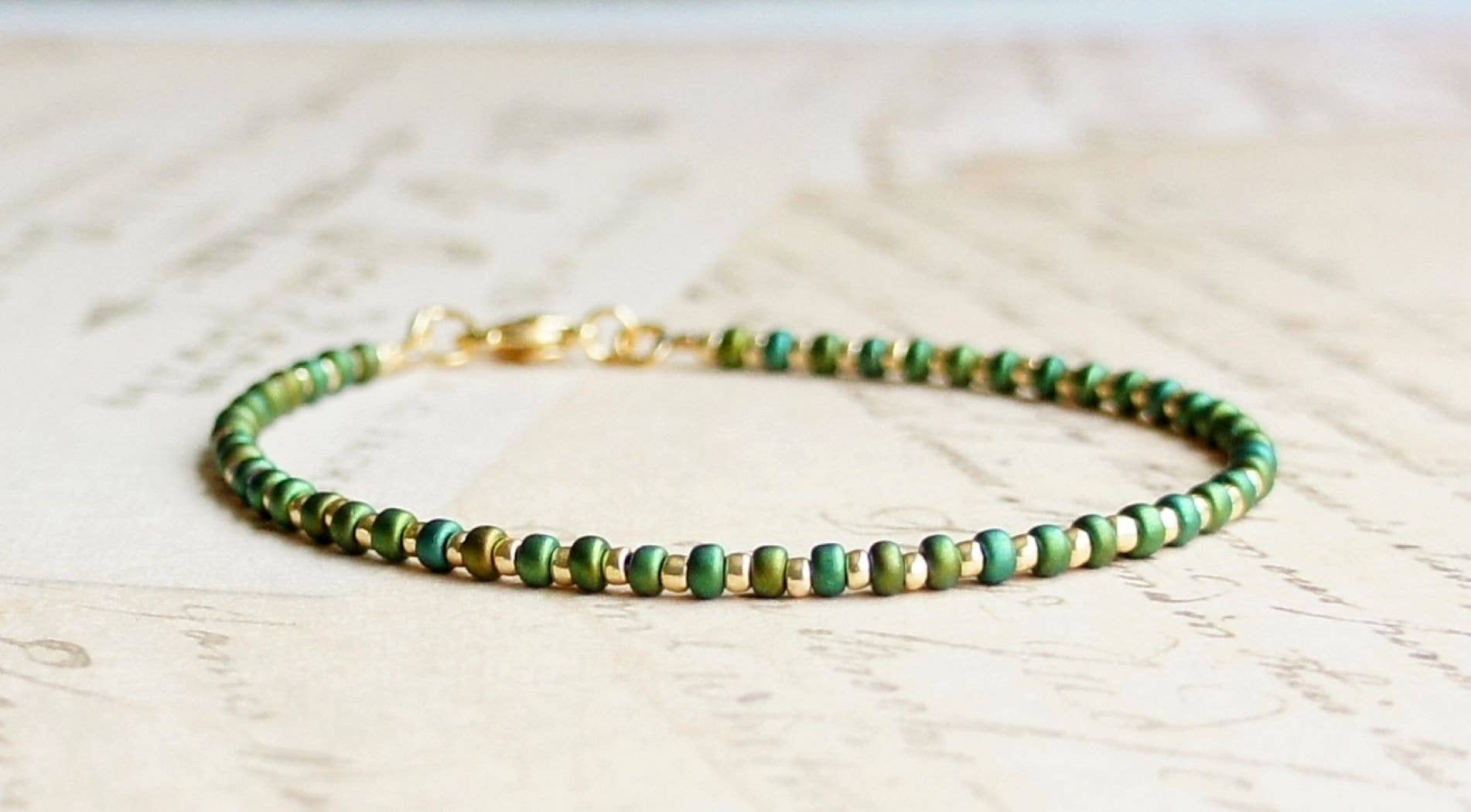 Metallic Green And Gold Seed Bead Bracelet