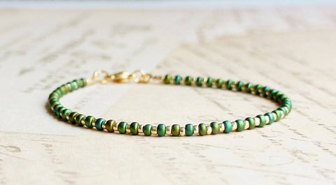 Metallic Green And Gold Seed Bead Bracelet