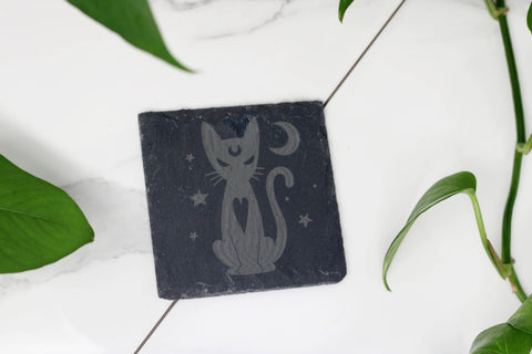 Lunar Cat Engraved Slate Coaster