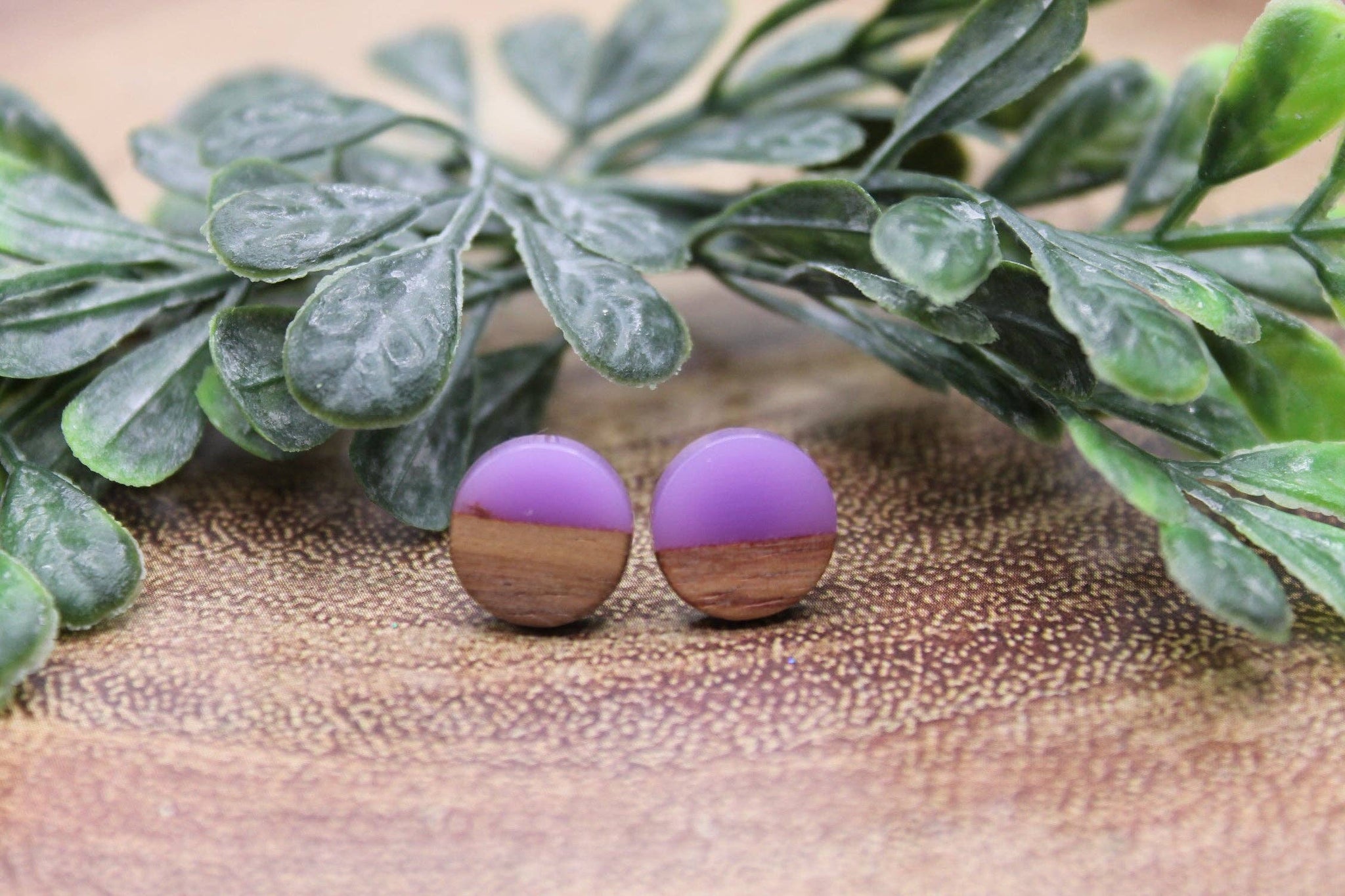 Purple & Wood || 10mm Stud Earrings || Hypoallergenic