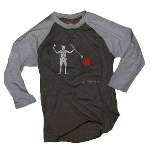 Blackbeard Pirate Flag Baseball Tee, Black and Grey