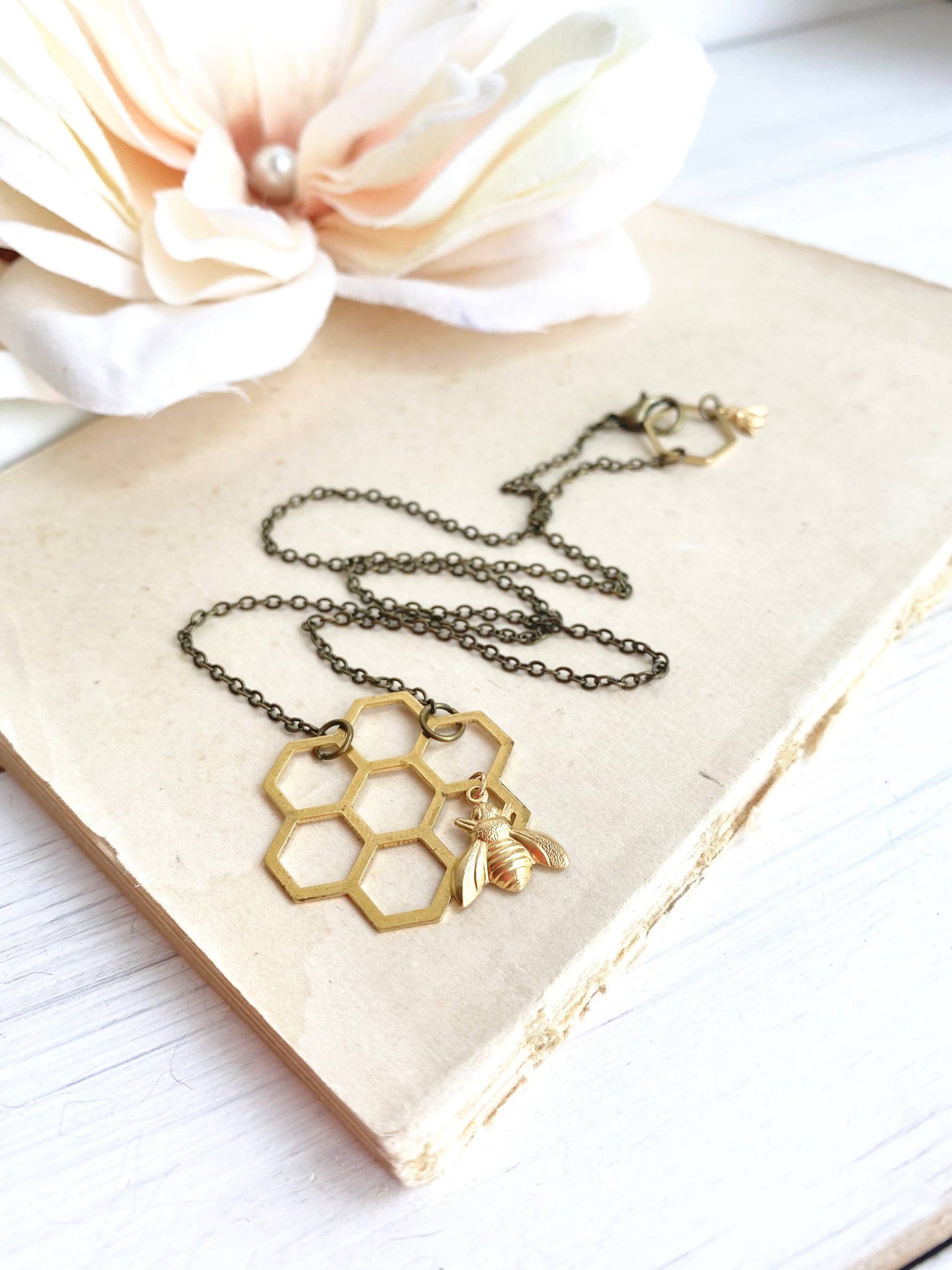 Honeycomb Necklace Gold Bee Charm Necklace 18 inches