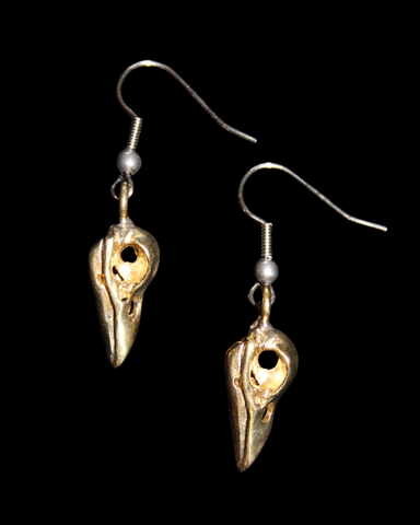 Raven Bird Skull Earrings- Gold Tone