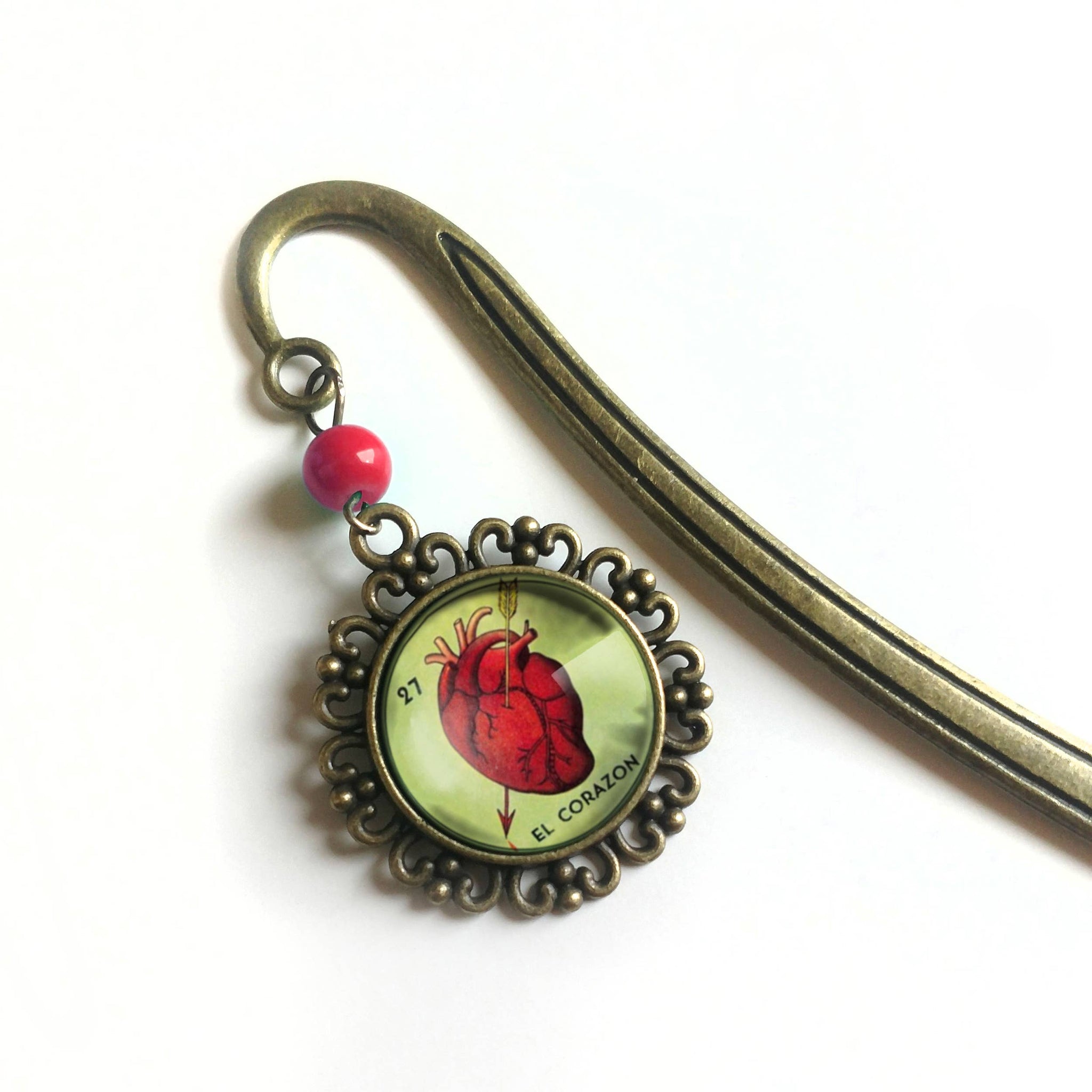 Loteria El Corazon Heart Glass Cabochon Brass Bookmark