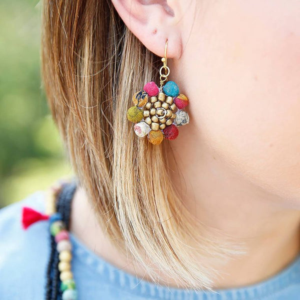 Kantha Sunflower Earrings Handmade in India from Saris Eco-Conscious Recycle