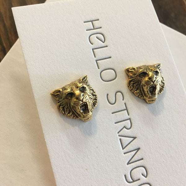 Wild Cat Stud Earrings in Matte Gold