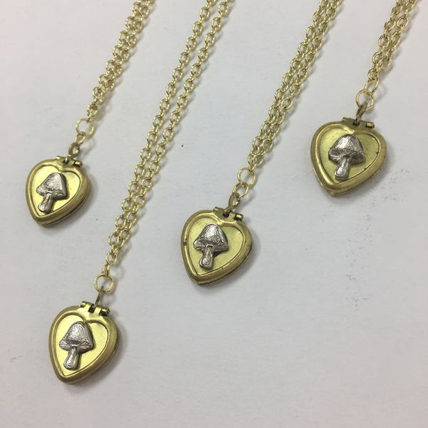 Teeny tiny Mushroom Heart Shaped Vintage Locket on Brass Chain