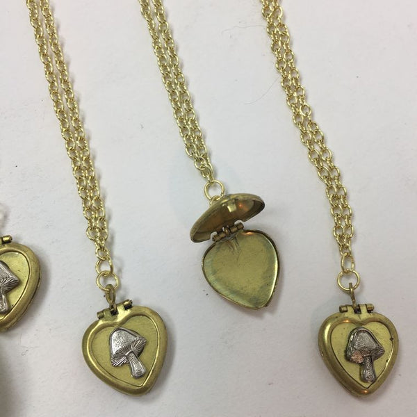 Teeny tiny Mushroom Heart Shaped Vintage Locket on Brass Chain