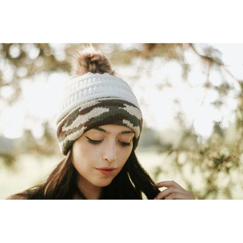 Ivory and Camo Knitted Hat Beanie with Fur Pom