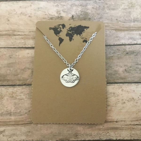 Moth small circular charm necklace in silver color