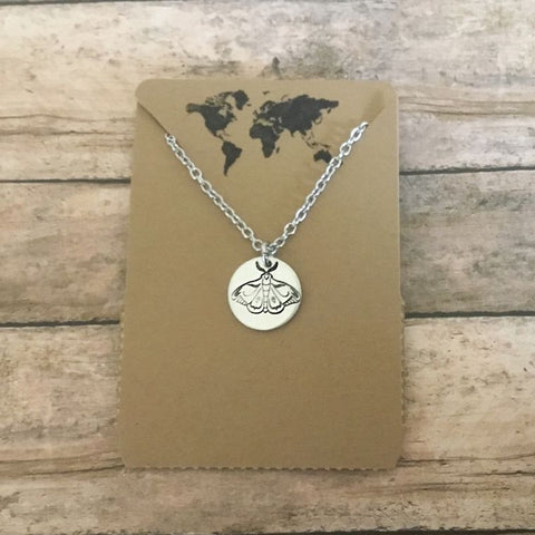 Moth small circular charm necklace in silver color