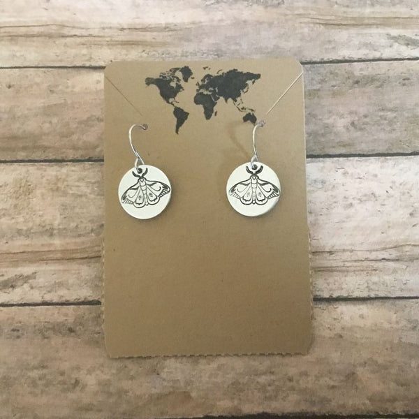 Moth small circular earrings in silver color