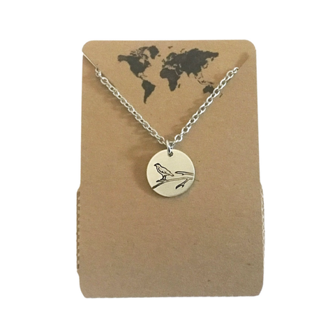 Raven bird small circular charm necklace in silver color