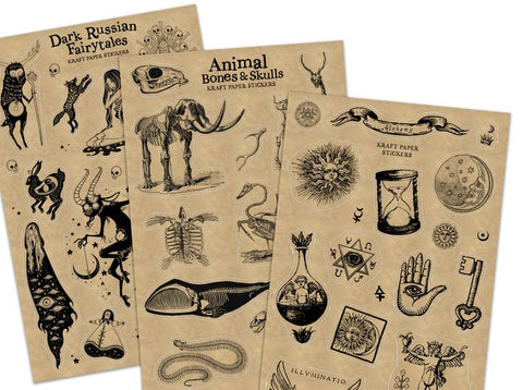 Vintage Sticker Sheet [6 Options] - Witch, Spooky, Alchemy, Animal Bones, Fairytales & more