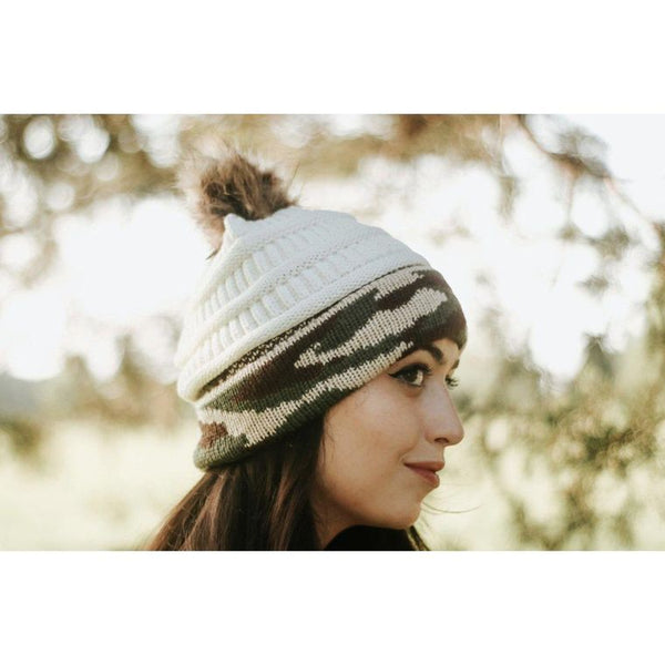 Ivory and Camo Knitted Hat Beanie with Fur Pom