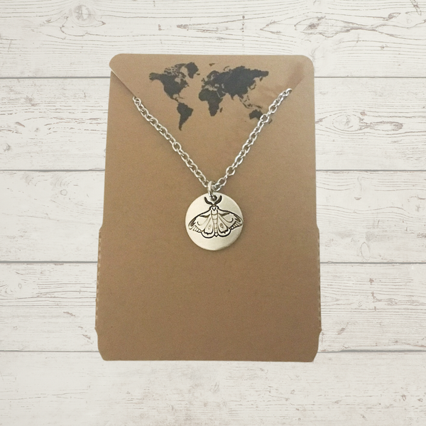 Moth small circular charm necklace in silver color
