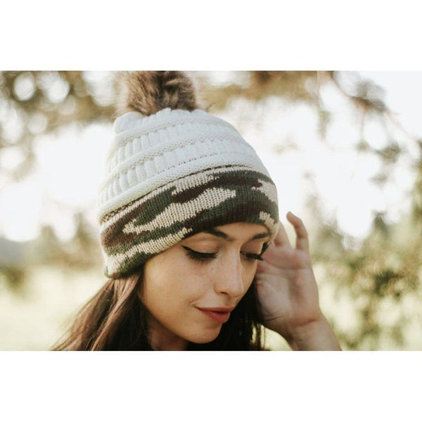 Ivory and Camo Knitted Hat Beanie with Fur Pom