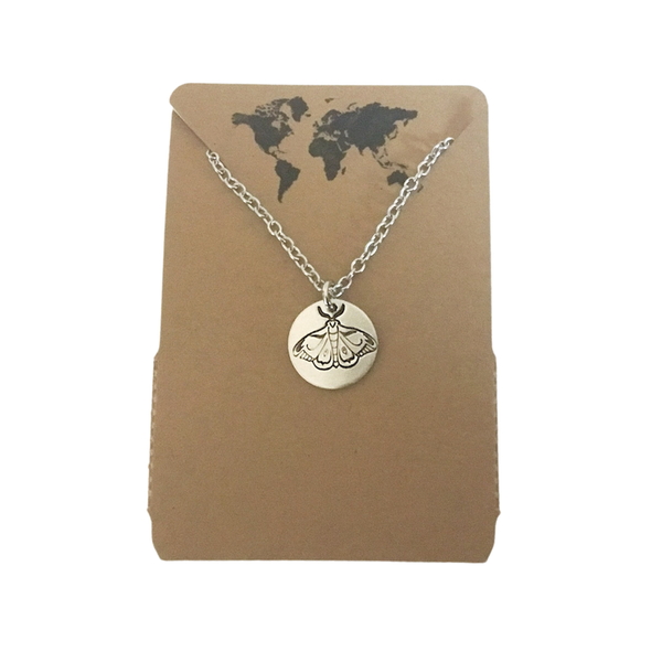 Moth small circular charm necklace in silver color
